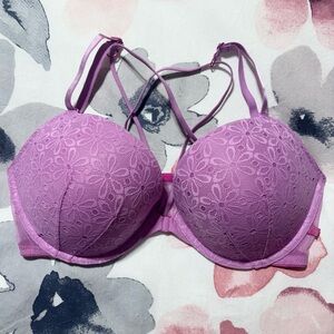 Victoria Secret Lace Floral Push Up Sexy Front Closure Pink Purple Bra Size 36D